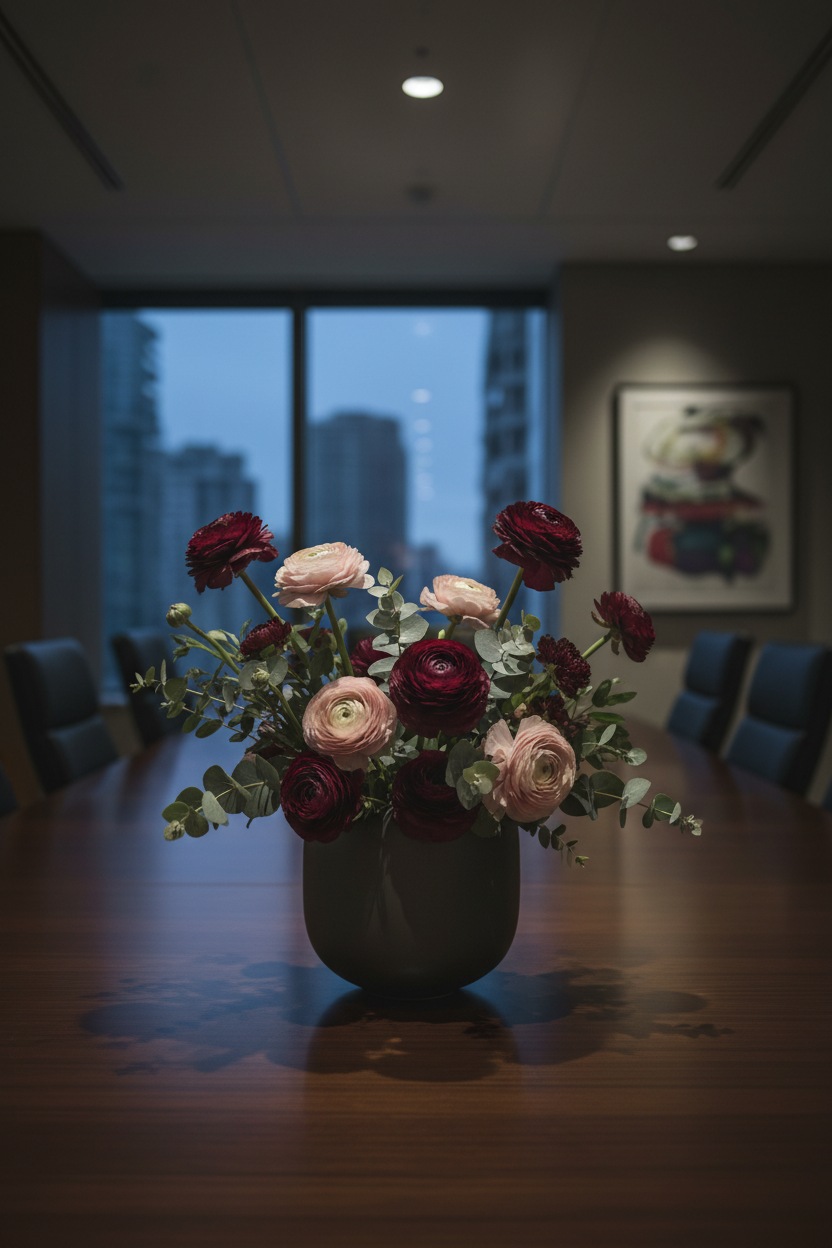 Burgundy flowers in charcoal vase
