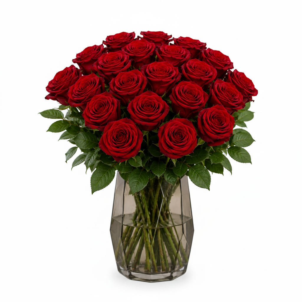 Red Rose Bouquet 20 Stems in smoky vase white background